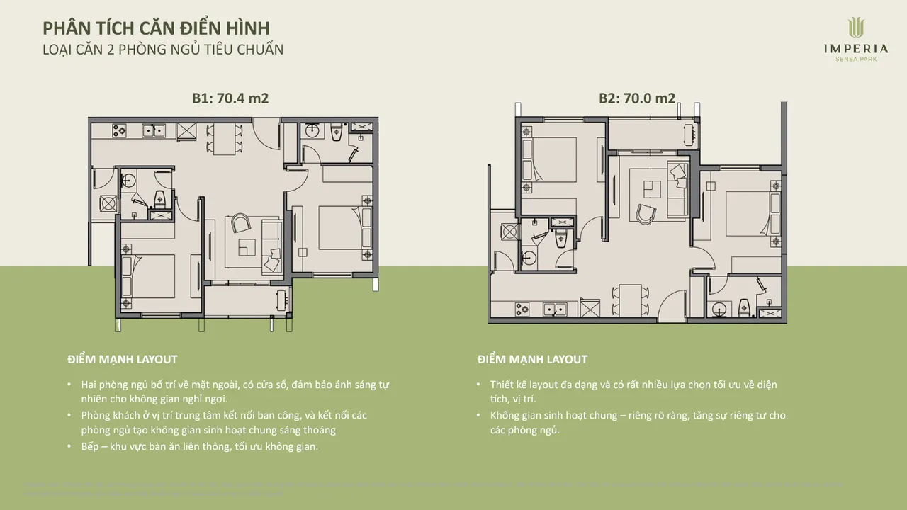 Layout căn 2 phòng ngủ tiêu chuẩn Imperia Sensa Park B1 và B2