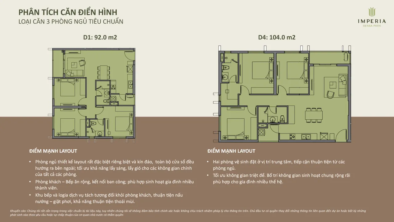Nhà mẫu Imperia Sensa Park layout căn 3 phòng ngủ D1 và D4