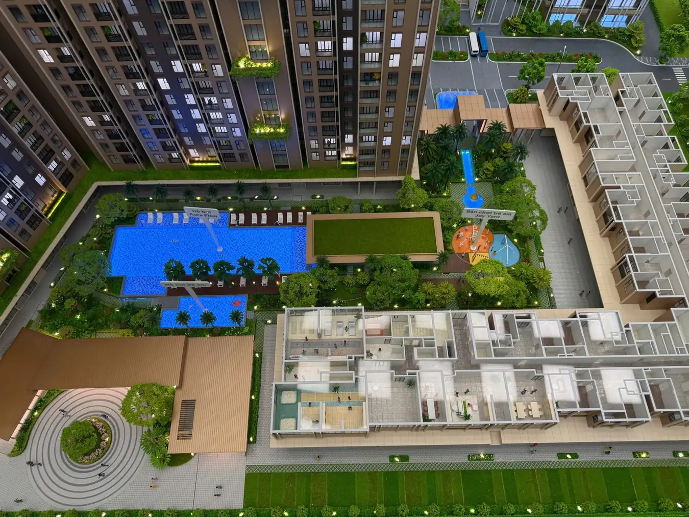 Nhà mẫu Imperia Sensa Park: sa bàn cụm tiện ích hồ bơi và khu vui chơi Joy Yard nhìn từ trên cao