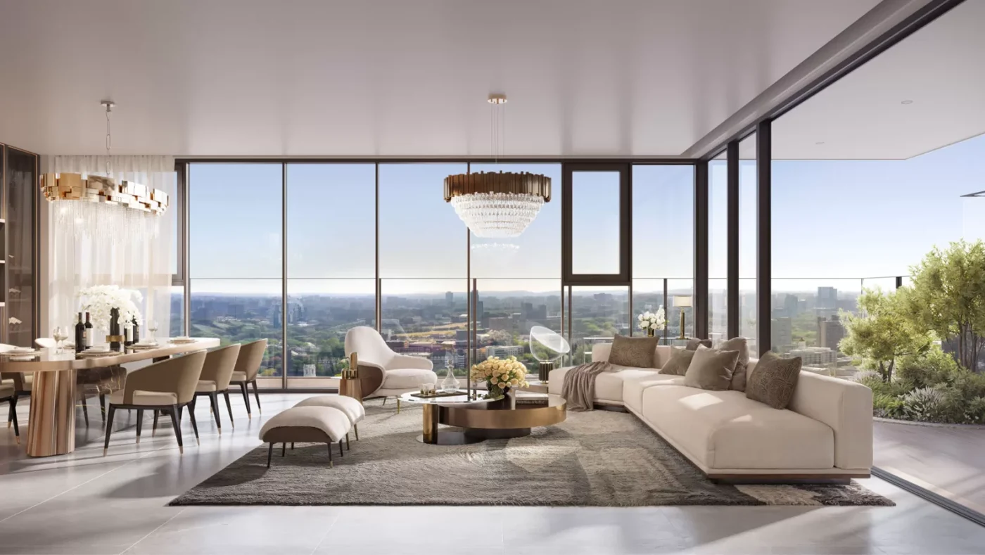 Phối cảnh phòng khách căn hộ Eaton Park với sofa và cửa kính