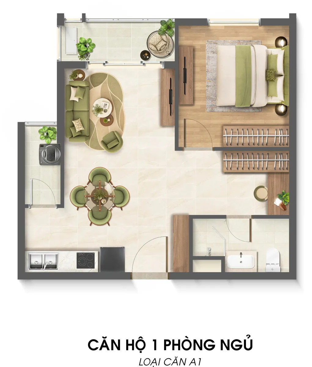 Bản vẽ layout căn hộ 1 phòng ngủ A1 mặt bằng Imperia Sensa Park