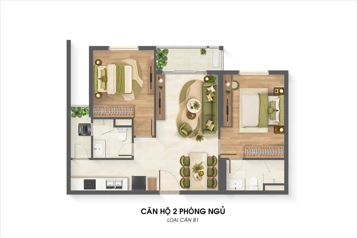Bản vẽ layout căn hộ 2 phòng ngủ mã B1
