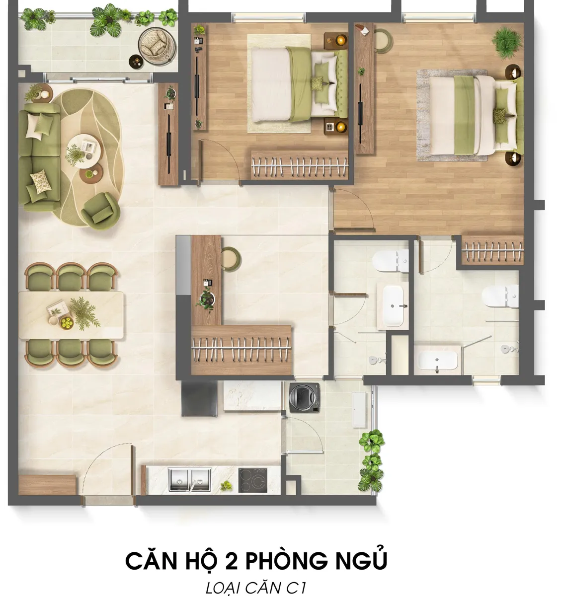 Bản vẽ layout căn hộ 2 phòng ngủ mã C1 mặt bằng Imperia Sensa Park