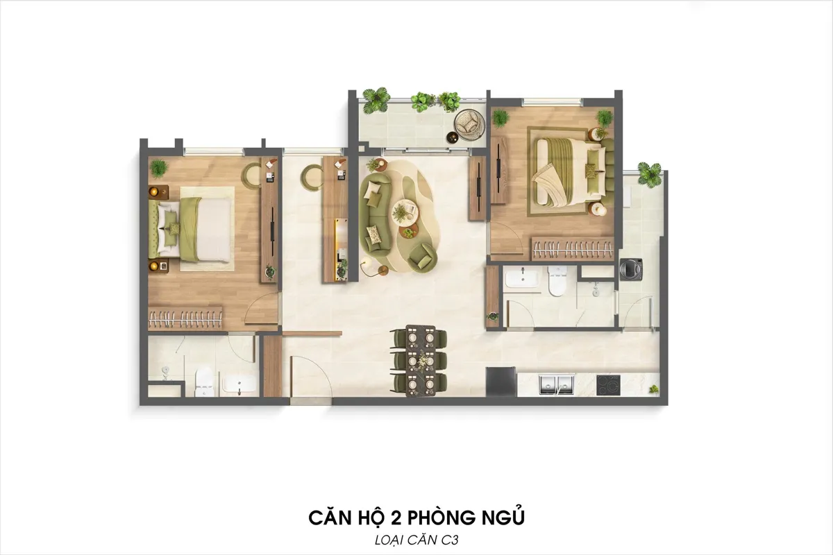 Bản vẽ layout căn hộ 2 phòng ngủ mã C3