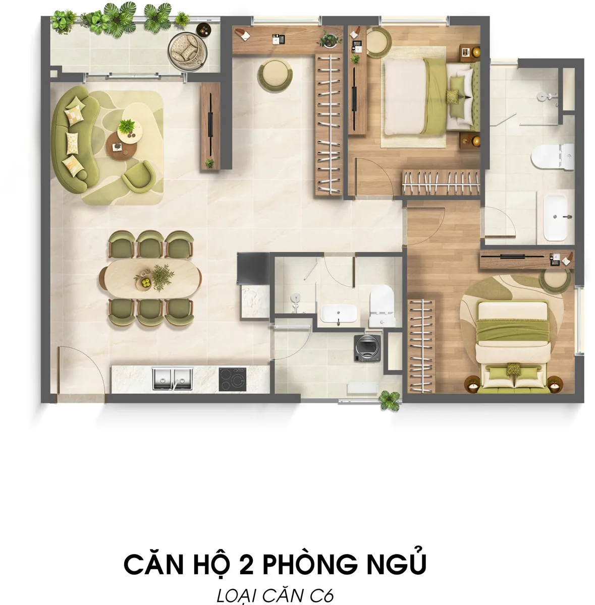 Bản vẽ layout căn hộ 2 phòng ngủ mã C6 mặt bằng Imperia Sensa Park