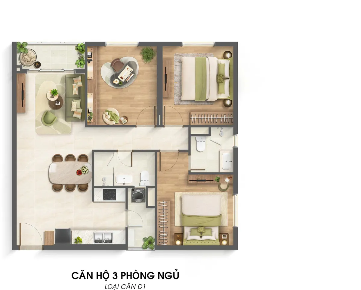 Bản vẽ layout căn hộ 3 phòng ngủ mã D1