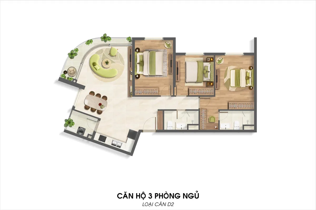 Bản vẽ layout căn hộ 3 phòng ngủ mã D2 mặt bằng Imperia Sensa Park