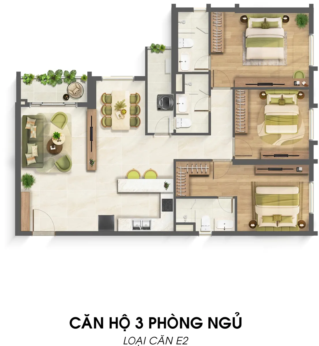 Bản vẽ layout căn hộ 3 phòng ngủ mã E2