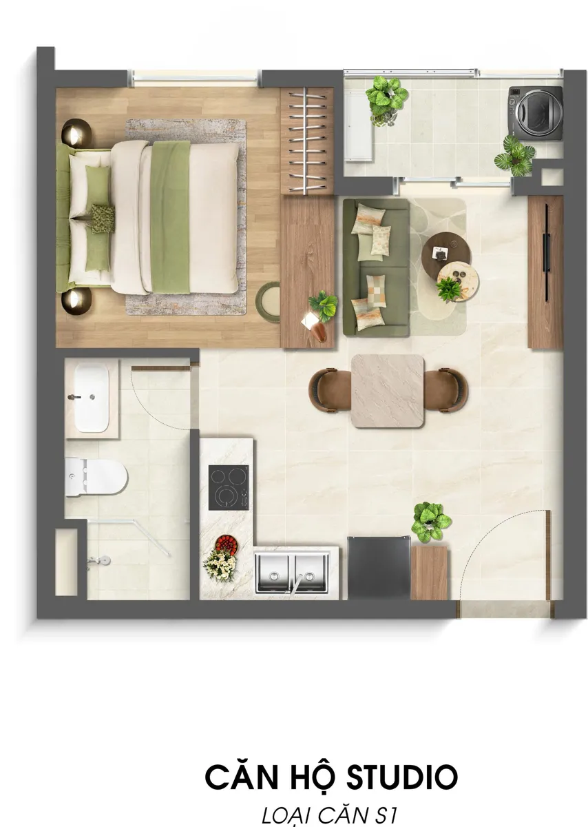 Bản vẽ layout căn hộ studio S1 mặt bằng Imperia Sensa Park