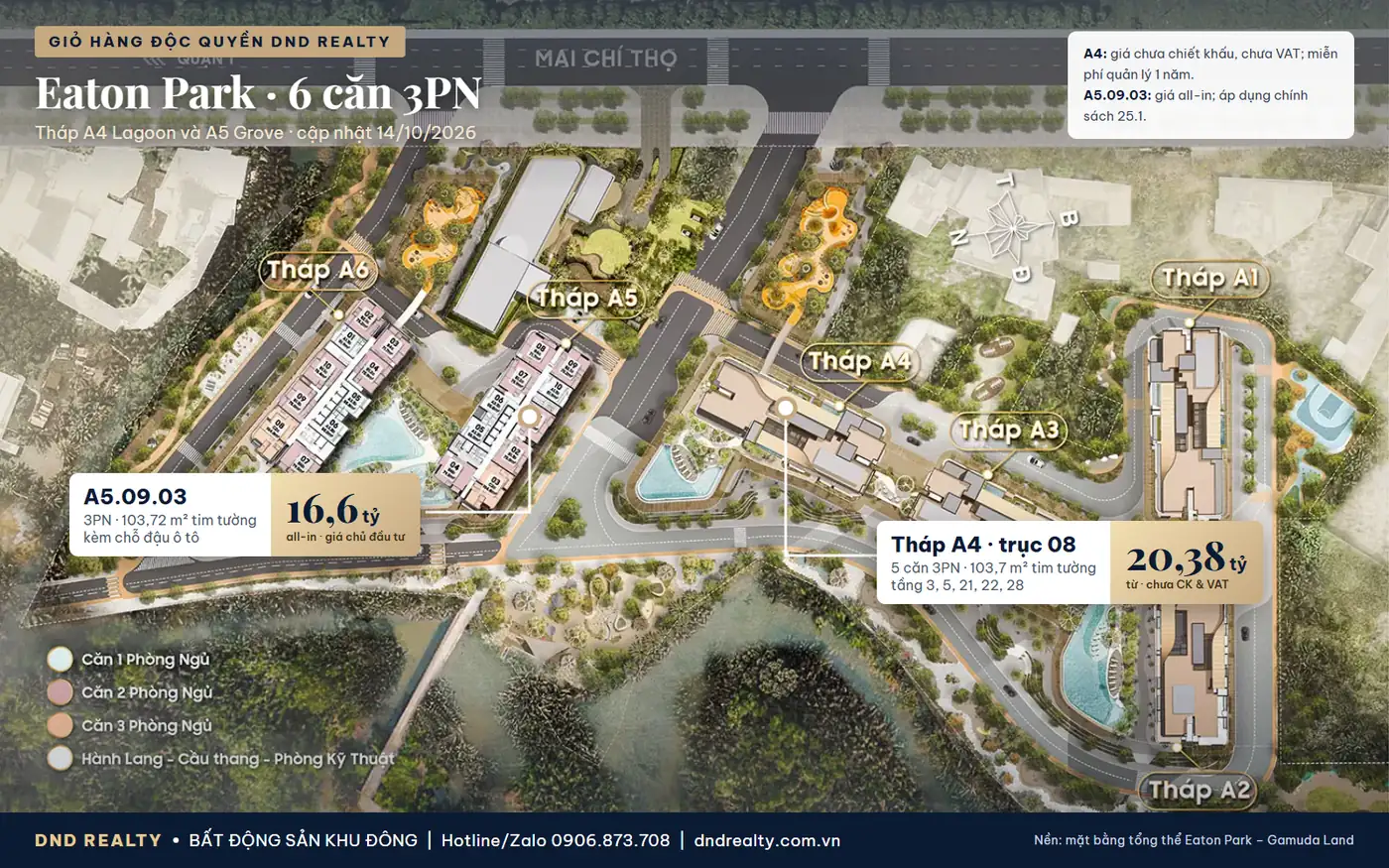 Mặt bằng giỏ hàng Eaton Park 3PN đánh dấu tháp A4 trục 08 và căn A5.09.03