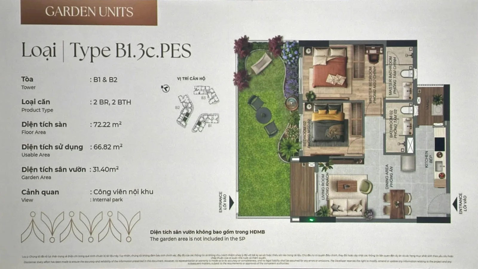 Layout căn hộ sân vườn B1.3c.PES 2PN diện tích sàn 72,22 m² sân vườn 31,40 m²