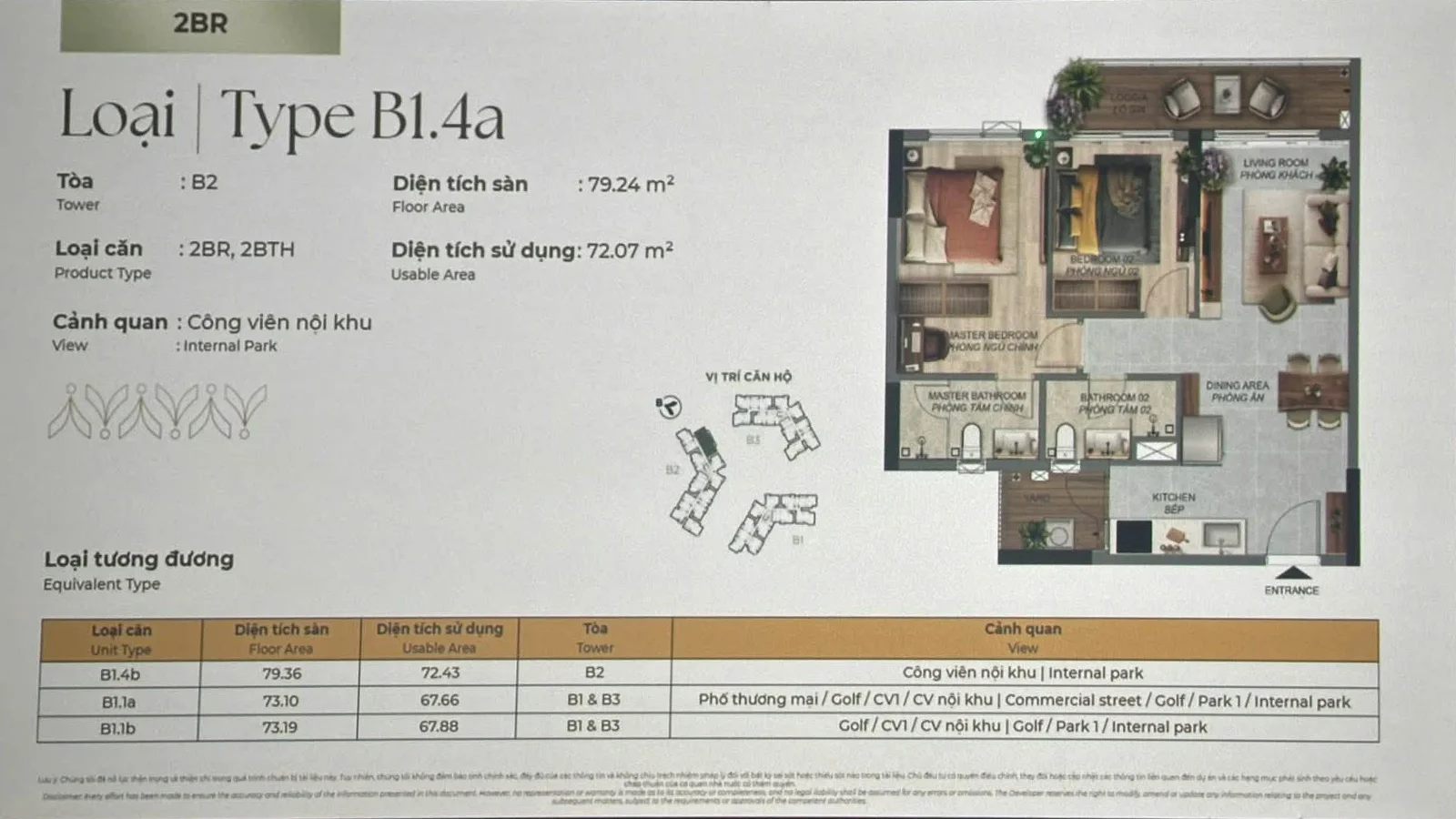 Mặt bằng Norton Park: Layout căn hộ B1.4a 2PN diện tích sàn 79,24 m²