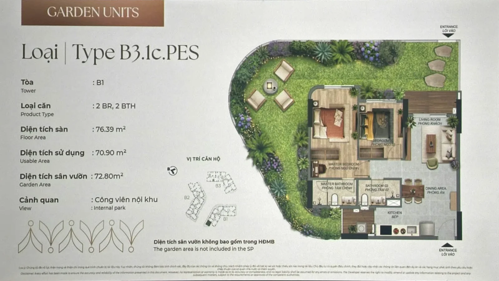 Layout căn hộ sân vườn B3.1c.PES diện tích sàn 76,39 m² sân vườn 72,80 m²