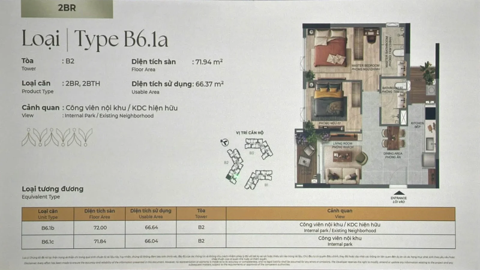 Mặt bằng Norton Park: Layout căn hộ B6.1a 2PN diện tích sàn 71,94 m²