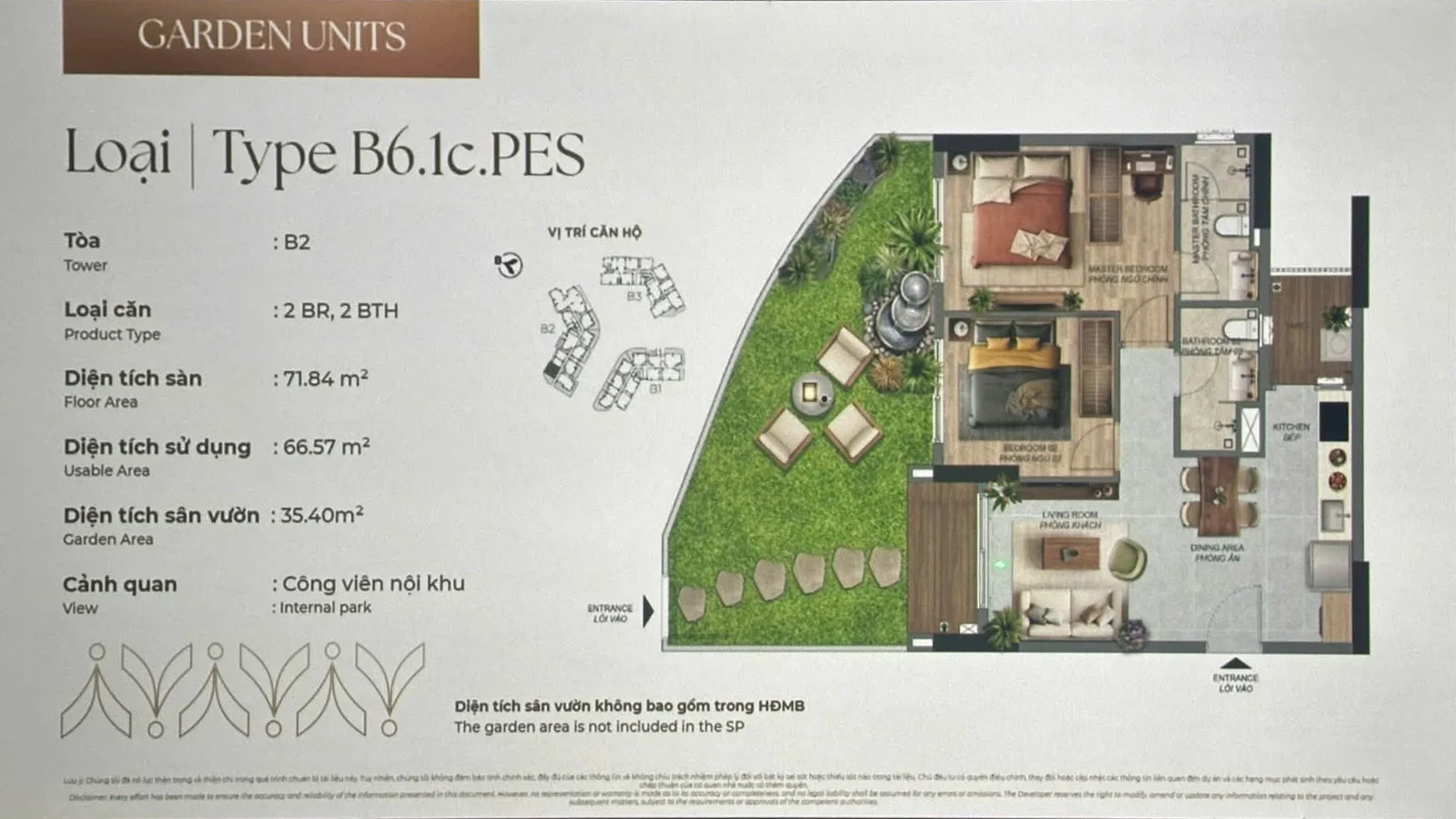 Layout căn hộ sân vườn B6.1c.PES 2PN diện tích sàn 71,84 m² sân vườn 35,40 m²