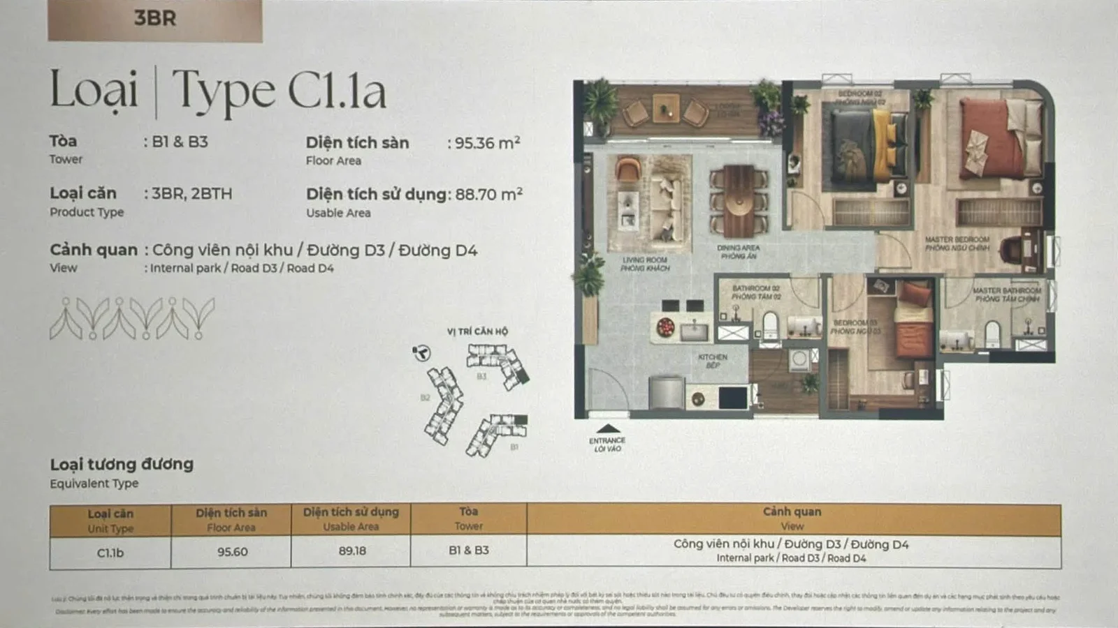 Layout căn hộ 3PN C1.1a dự án Gamuda Land diện tích sàn 95,36 m²
