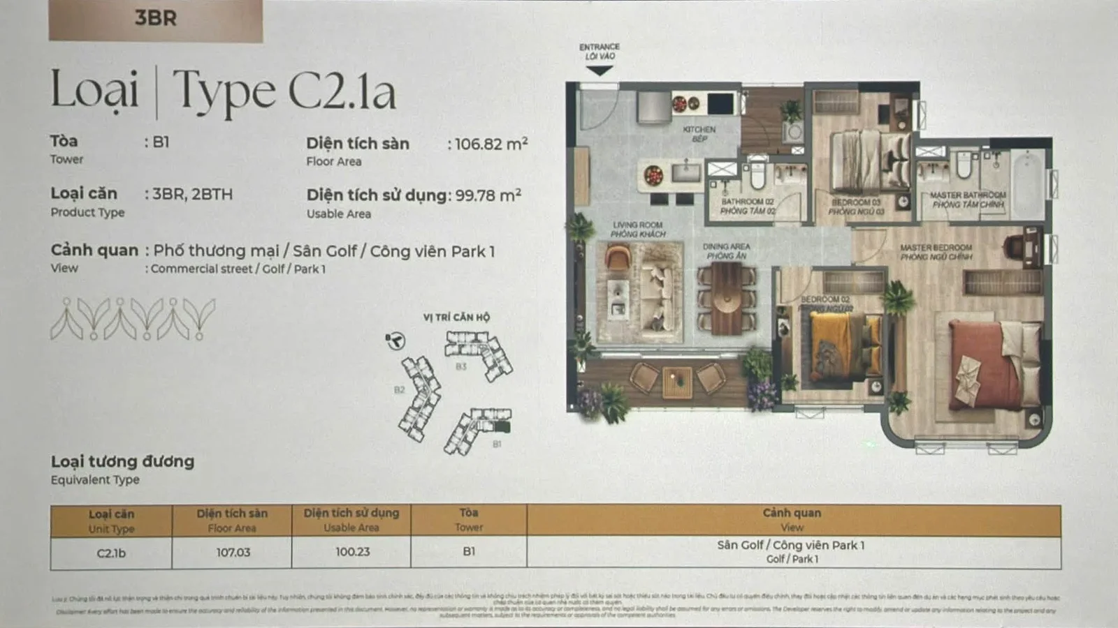 Layout căn hộ 3PN C2.1a Norton Park diện tích sàn 106,82 m²