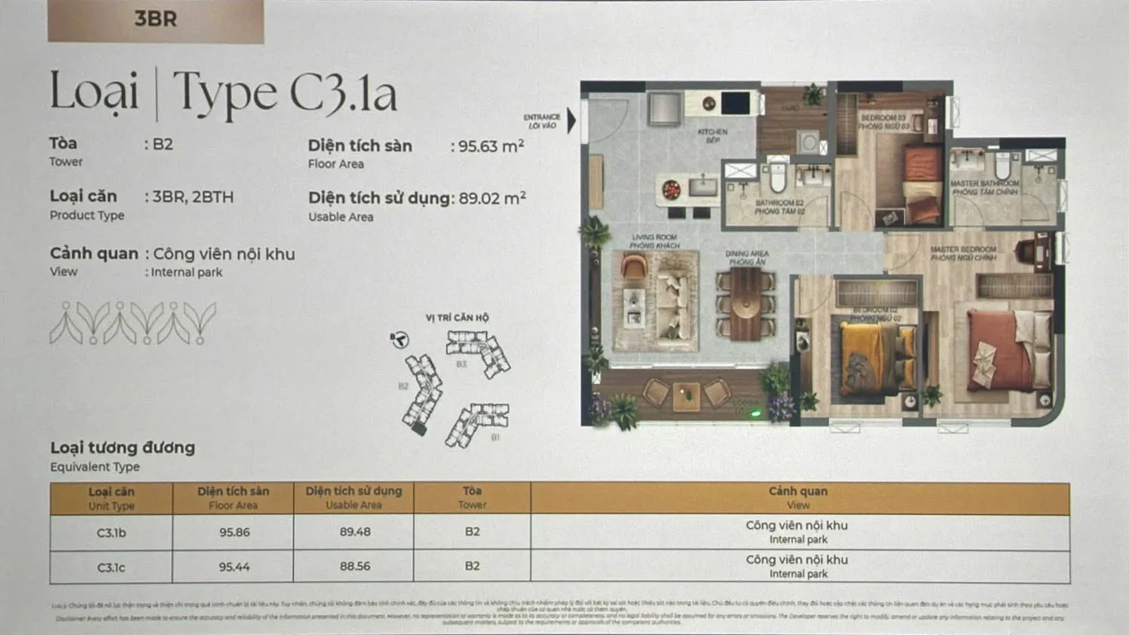 Layout căn hộ C3.1a 3PN diện tích sàn 95,63 m² Gamuda Land
