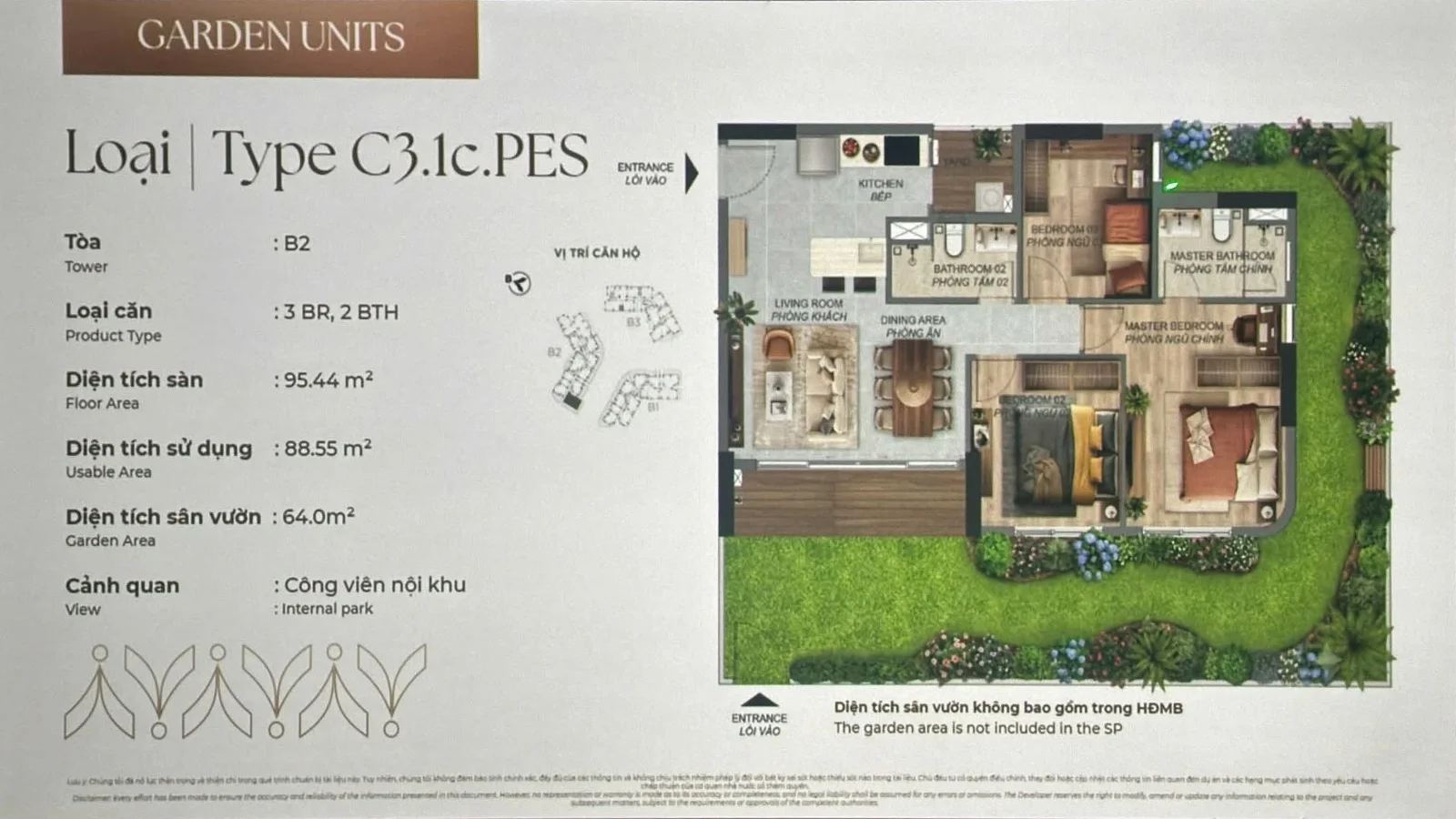 Layout căn hộ sân vườn C3.1c.PES 3PN diện tích sàn 95,44 m² sân vườn 64,00 m²