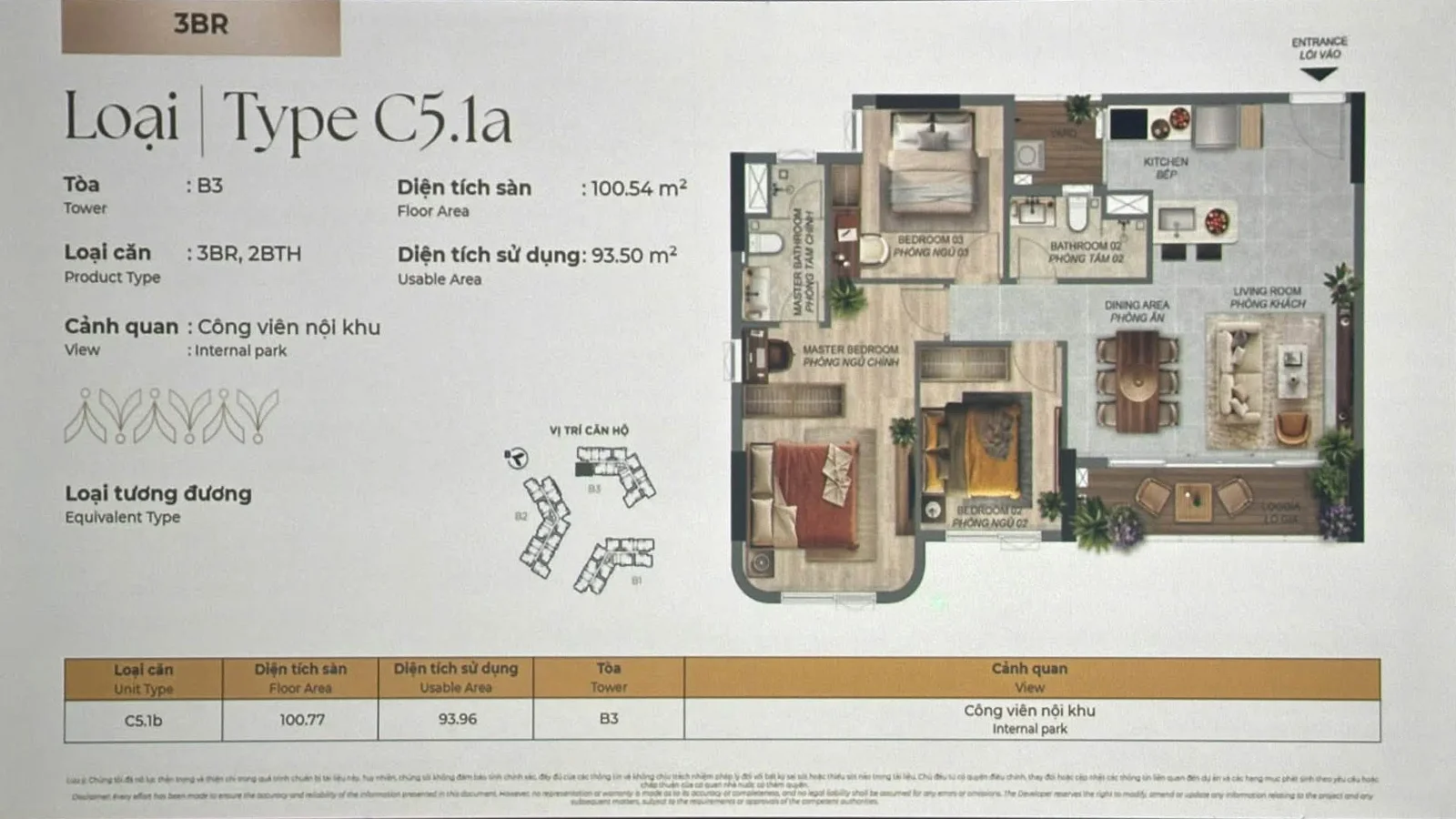 Layout căn hộ C5.1a 3PN diện tích sàn 100,54 m² Gamuda Land