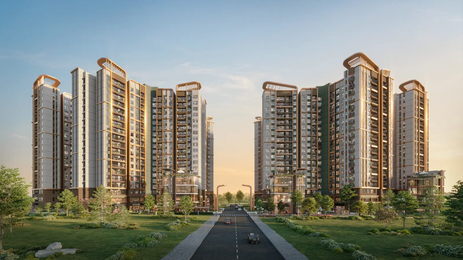 Phối cảnh hai cụm tháp Norton Park nhìn trực diện từ trục đường nội khu