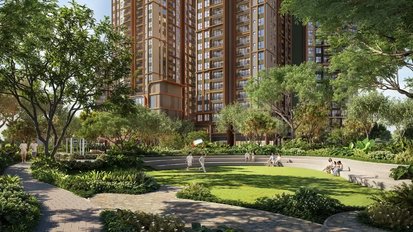 Phối cảnh thảm cỏ và lối dạo bộ thư giãn trong khuôn viên nội khu Norton Park