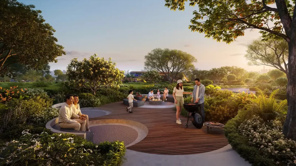 Khu vực BBQ ngoài trời giữa không gian cây xanh tại Norton Park