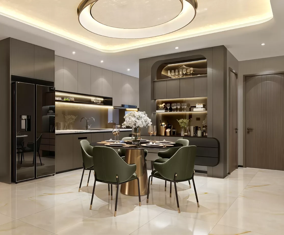 Phối cảnh bàn ăn nối với khu bếp căn hộ Gladia Heights