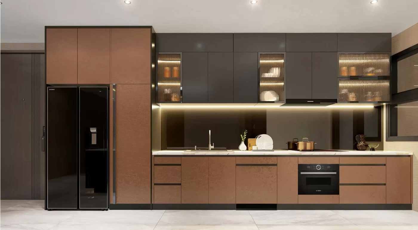 Phối cảnh bếp Gladia Heights minh họa bài căn hộ khu đông 8 tỷ