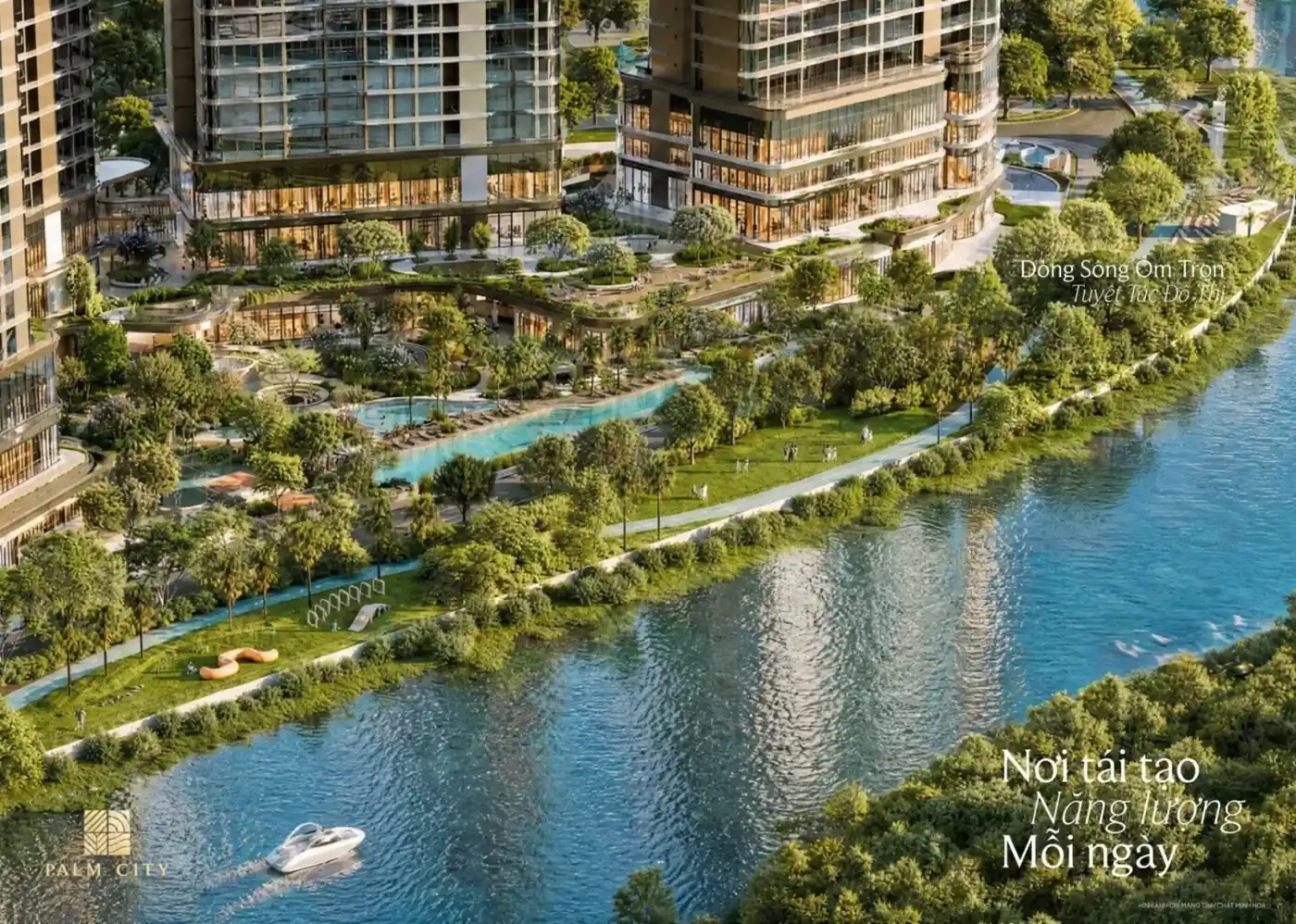 Phối cảnh Palm River ven sông với hồ bơi và dải cây xanh