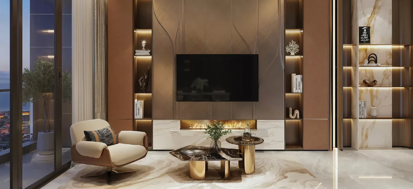 Phối cảnh phòng khách nối liền bếp căn hộ Gladia Heights