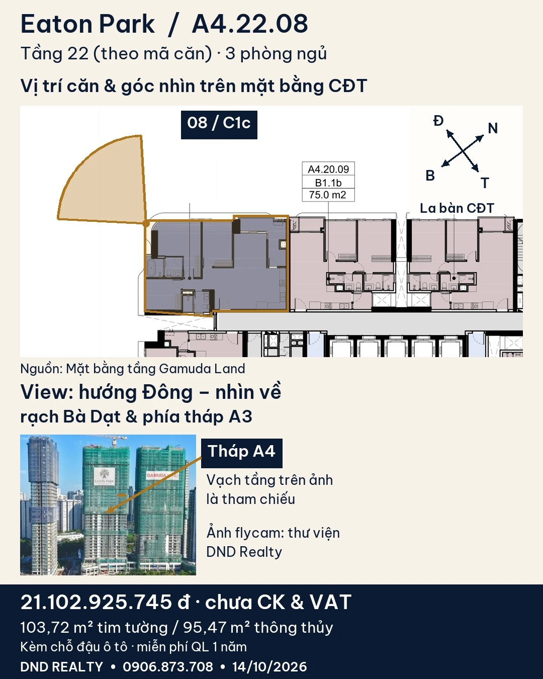 Vị trí căn A4.22.08 Eaton Park trên mặt bằng tầng Gamuda Land, quạt view hướng Đông và ảnh flycam tháp A4